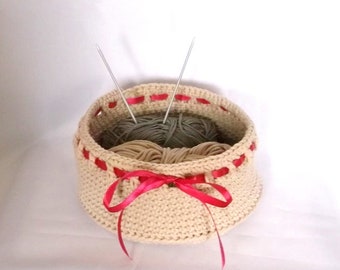 Crocheted basket with satin ribbon, Easter basket - sand color, pink satin ribbon, Easter, Scandinavian, Hygge, ready for shipping