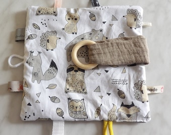 Baby crinkle cloth, play cloth, baby motor skills cloth, ready to ship - rabbit, raccoon, hedgehog, owl, bear, forest animals, waffle pique brown, gift baby