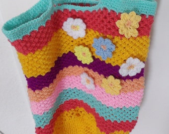 Red de crochet para niños, lista para enviar, bolsa de crochet para niños, red de compras para niños - colorida con flores de crochet, boho, hippie