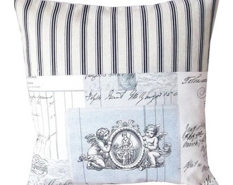 Cushion cover, pillowcase - French fabric, Toile-de-Jouy, country house, shabby chick, vintage, boho, unique piece, ready to ship