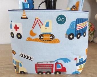 Children's handlebar bag, balance bike bag, scooter handlebar bag - colorful cars, excavator, fire brigade, blue inside, gift boy, ready to ship