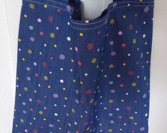 Ready-to-ship shopping bag, shopping bag, market bag, shopper - jeans colorful dots, sustainable, reusable