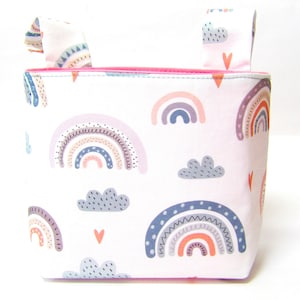 Kinder Lenkertasche, Kinderfahrradtasche, Laufradtasche - Regenbogen pastell, innen rosa, Geschenk Mädchen