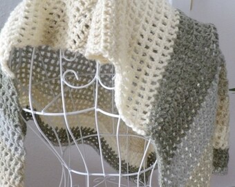 Triangular shawl, crochet shawl, stole, crochet shawl ready for shipping - crocheted, beige, sand-colored, cream, boho, hippie, modern