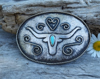 Sterling Silver Longhorn Turquoise Belt Buckle | Handcrafted Western Jewelry