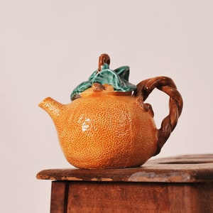 Orange-shaped teapot, vintage handmade ceramic teapot