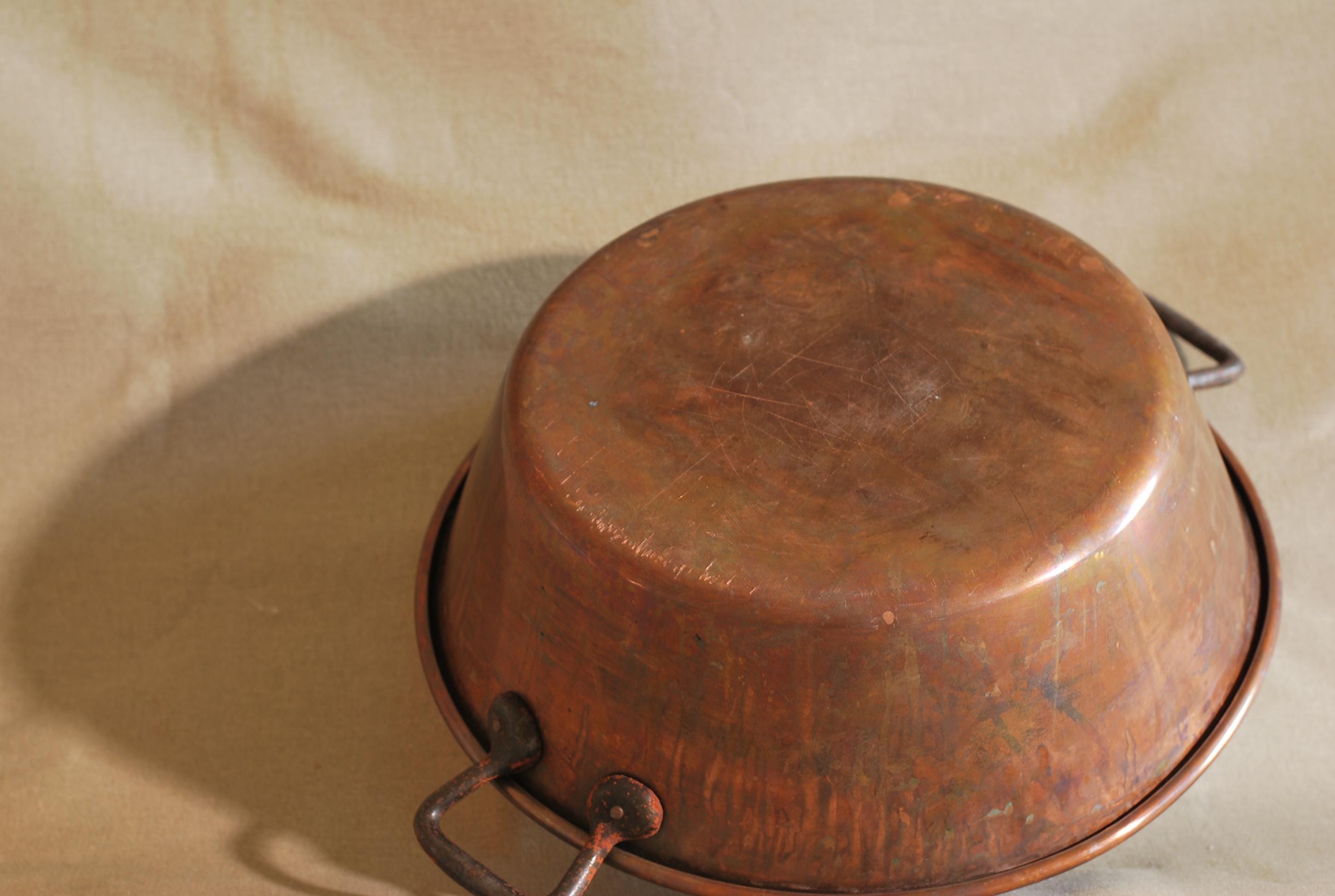 Ancienne grande bassine à confiture en cuivre poignée laiton Réf N°1 Dia 37,5 cm
