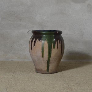 Vintage French Ceramic Planter, Glazed Terracotta Pot, Green Brown Drip Glaze, French Pottery, Rustic Country Decor