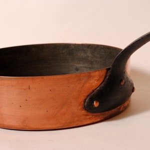 French brass sauté pan, cast iron handle, copper rivets, Professional quality, rustic French cuisine