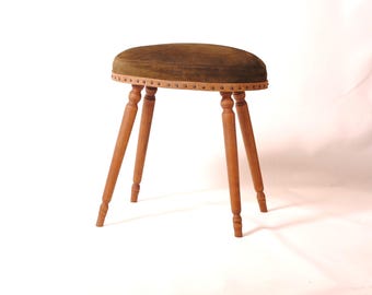 Antique French Oak Piano Stool | Green Leather Seat | Handcrafted Vintage Piano Chair | Brass Studs | French Country Decor
