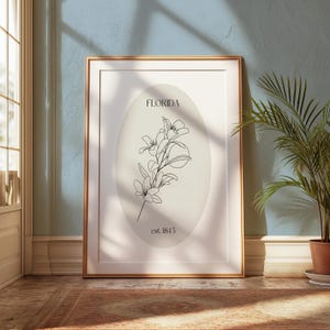 Impresión de arte digital de flores del estado de Florida / Impresión de flores del estado dibujadas a mano / Impresión floral minimalista / Impresión de arte botánico vintage neutral