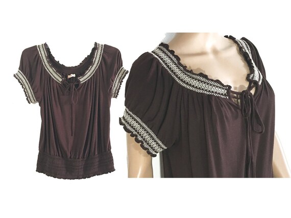 Drawstring Tie Blouse Loose Fit Gathered Elastic W