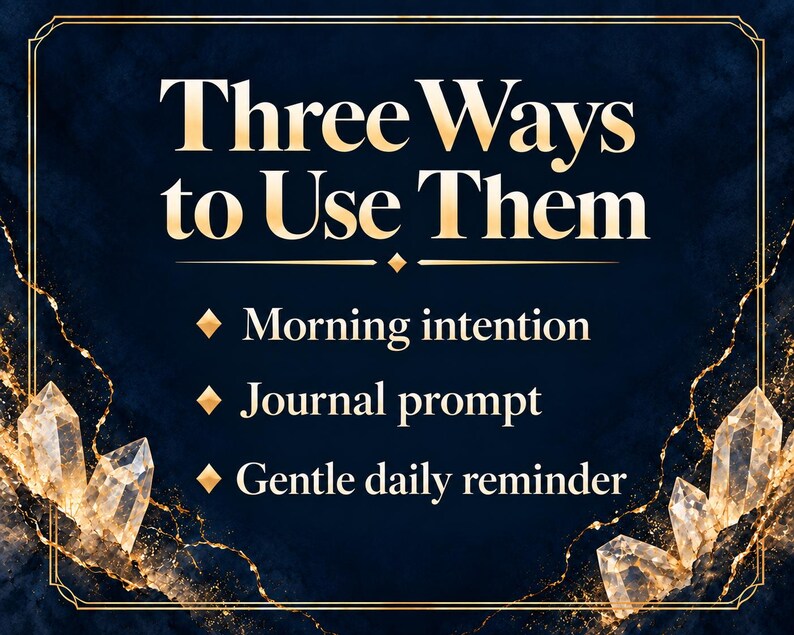 May include: A dark blue rectangular graphic with gold text reading Three Ways to Use Them, followed by Morning intention, Journal prompt, and Gentle daily reminder. The border features gold lines and translucent crystal illustrations.