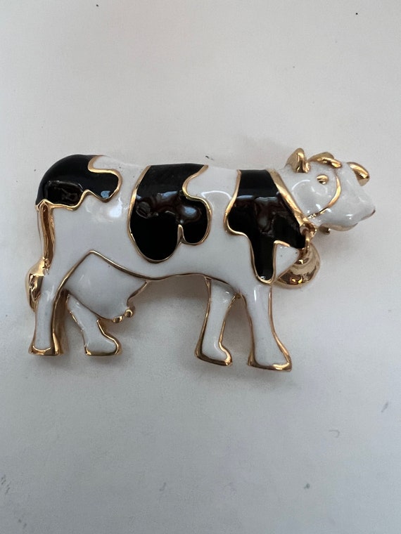Vintage Enamel Adorable Cow Black/White Goldtone … - image 1