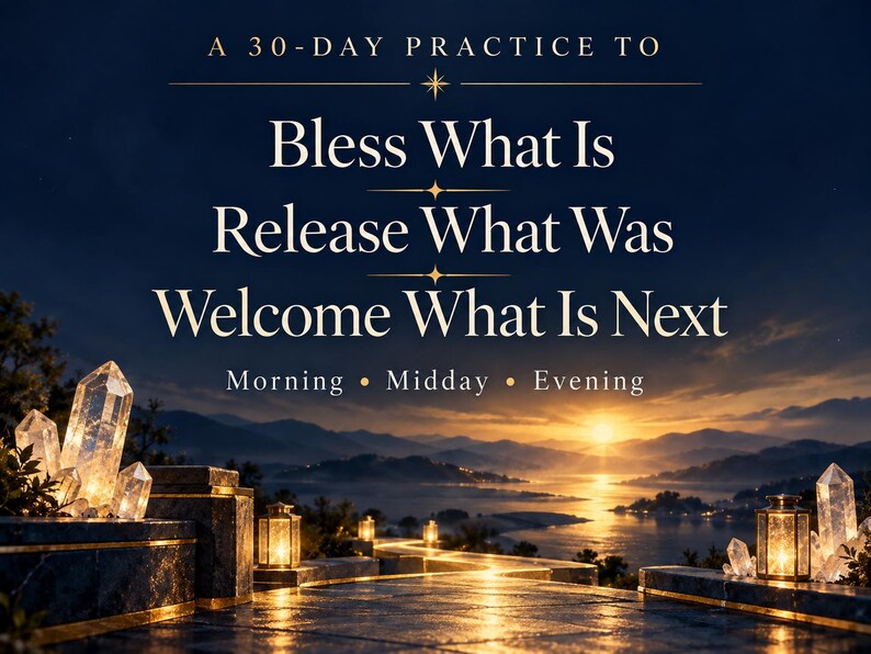 May include: A digital graphic featuring a sunset over a lake with mountains, lanterns, and crystals. The text reads: A 30-DAY PRACTICE TO Bless What Is Release What Was Welcome What Is Next Morning &bull; Midday &bull; Evening in white and gold lettering.