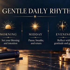 May include: A dark blue graphic print titled A GENTLE DAILY RHYTHM with gold icons for MORNING, MIDDAY, and EVENING. Text includes Set your blessing and intention, Pause, breathe, and return, and Reflect with gratitude and grace.