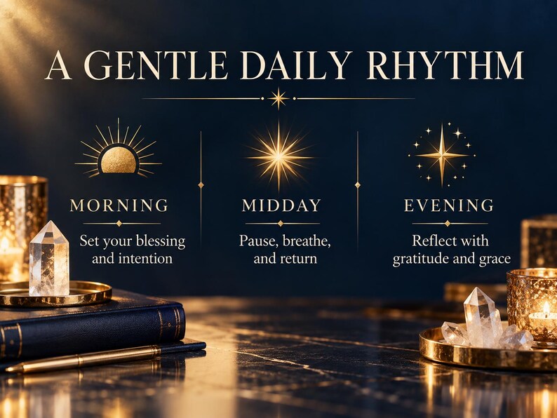 May include: A dark blue graphic print titled A GENTLE DAILY RHYTHM with gold icons for MORNING, MIDDAY, and EVENING. Text includes Set your blessing and intention, Pause, breathe, and return, and Reflect with gratitude and grace.