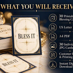 K&ouml;nnte beinhalten: Ein Set aus 30 druckbaren Segenskarten mit dem Text BLESS IT in dunkelblauem und cremefarbenem Design mit goldenen Sternakzenten. Das digitale Produkt enth&auml;lt US Letter PDF, A4 PDF, 30 einzelne JPG-Dateien und eine Druckanleitung.