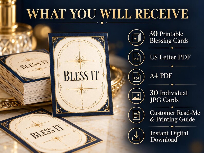 K&ouml;nnte beinhalten: Ein Set aus 30 druckbaren Segenskarten mit dem Text BLESS IT in dunkelblauem und cremefarbenem Design mit goldenen Sternakzenten. Das digitale Produkt enth&auml;lt US Letter PDF, A4 PDF, 30 einzelne JPG-Dateien und eine Druckanleitung.