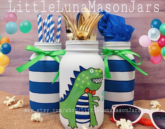Dino Themed Birthday Party Dinosaur Mason Jar Set Of 3 Dino Etsy