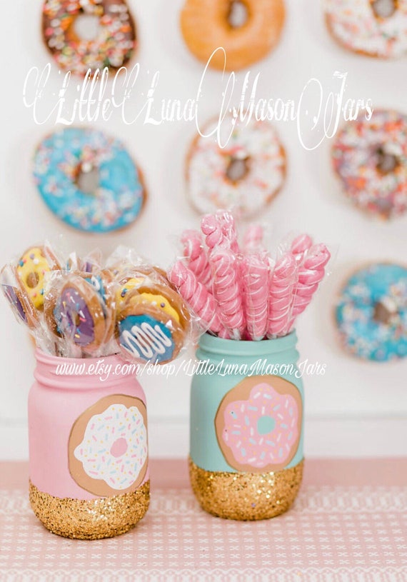Donut themed party mason jars pink and mint birthday party Etsy