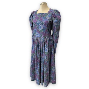 Laura Ashley 80s puff sleeve purple and blue floral cotton corduroy maxi length dress / small medium 6 8 10 / cottagecore wedding guest