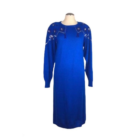 Vintage 80s 90s Blue Beaded Sweater Dress / Maxi … - image 1