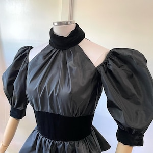 80s split shoulder high neck puff sleeve taffeta and velvet peplum cocktail dress / size XS small
