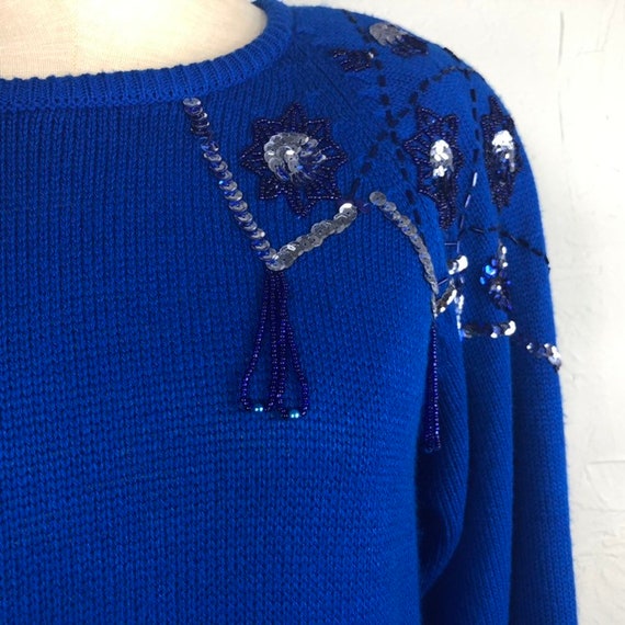 Vintage 80s 90s Blue Beaded Sweater Dress / Maxi … - image 2