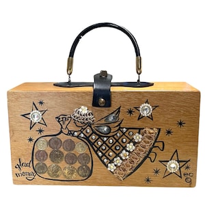 vintage 1960s Enid Collins of Texas &quot;Glad Money&quot; angel wood box bag purse / signed and dated 1963