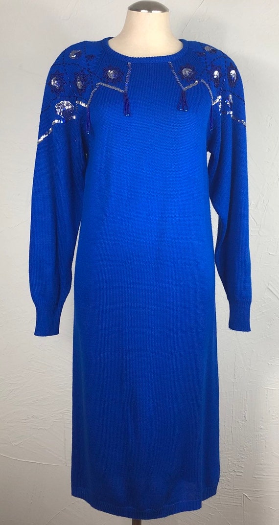 Vintage 80s 90s Blue Beaded Sweater Dress / Maxi … - image 3