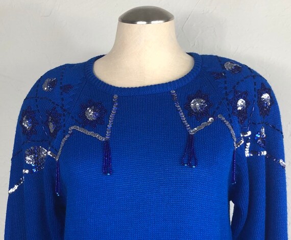 Vintage 80s 90s Blue Beaded Sweater Dress / Maxi … - image 6