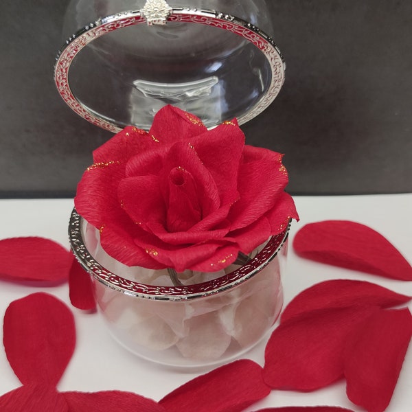 Fleurs en papier Rose rouge boite en verre pour demande en mariage