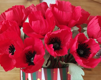 Bouquet de fleurs en papier 5 coquelicots pour décoration d'intérieur champêtre et durable ainsi que pour cadeau fait main