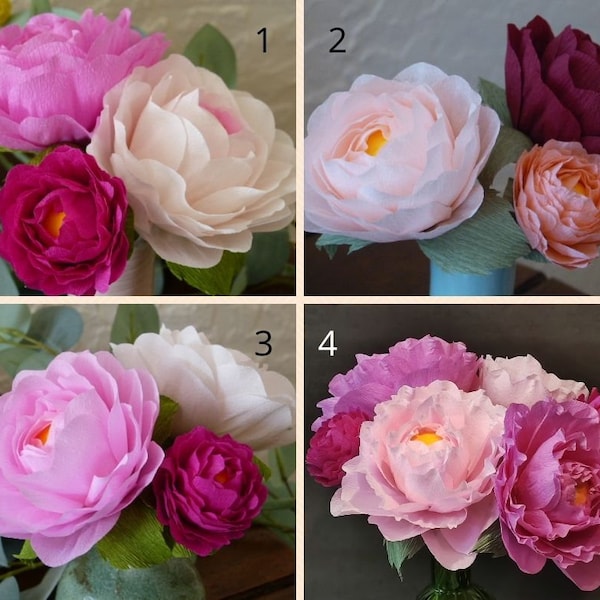 Bouquet de fleurs en papier 3 pivoines pour décoration d'intérieur romantique durable et cadeau fait main