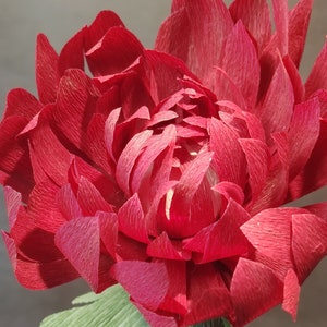 May include: A large, red paper flower with a ruffled texture. The flower is made of multiple layers of paper, creating a full and voluminous appearance.