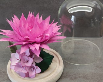 Cloche en verre fleurs papier dahlia et hortensia pour une décoration d'intérieur chaleureuse et durable Cadeau de Noël Choix des couleurs