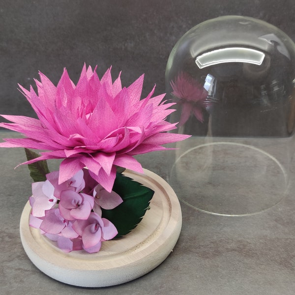 Cloche en verre fleurs papier dahlia et hortensia pour une décoration d'intérieur chaleureuse et durable Cadeau de Noël Choix des couleurs