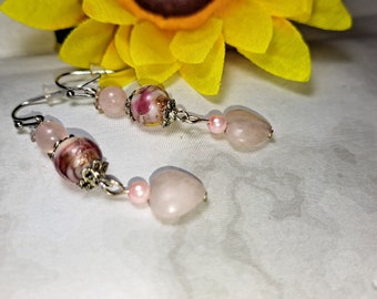 Pink Flowers Hearts Crystals dangle earrings Artisan