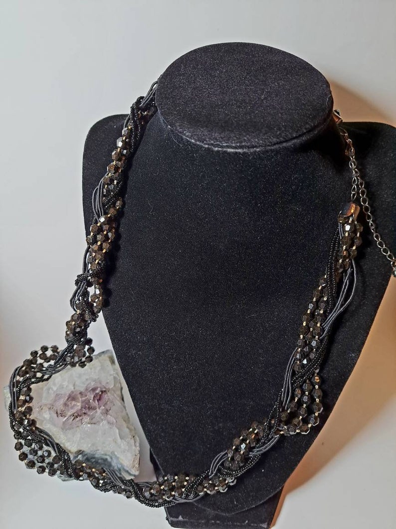 Black Multistrand Beaded Twisted Cord Necklace Mid Century Etsy