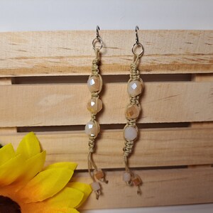 Dangle Macrame Crystals Champagne Beige Cube Beads Earrings