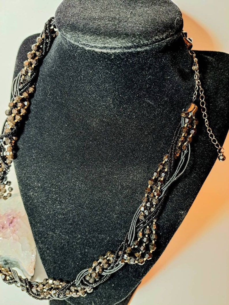 Black Multistrand Beaded Twisted Cord Necklace Mid Century Etsy
