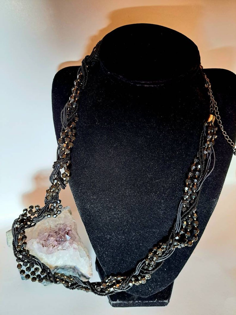Black Multistrand Beaded Twisted Cord Necklace Mid Century Etsy