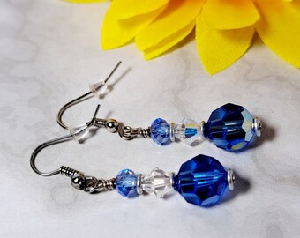 Blue & Clear Crystals dangle earrings Artisan Homemade