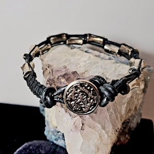 Leather Black Metal beaded Unisex Macrame Woven Bracelet