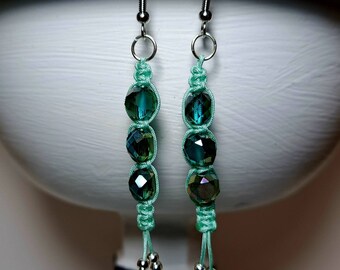 Dangle Macrame Czech Glass Beaded mint green Earrings