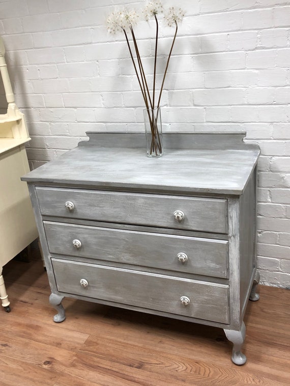Grey Chest Of Drawers Vintage 3 Drawer Storage Bedroom Furniture Living Room Furniture Queen Anne Legs Ceramic Pulls Shabby Chic