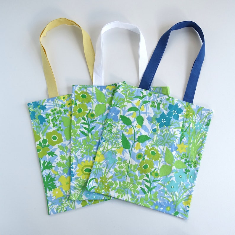 shopping bag carry bag library bag; white yellow teal aqua; flowers floral print; gift for her lady woman girl Blue and Green Tote Bag