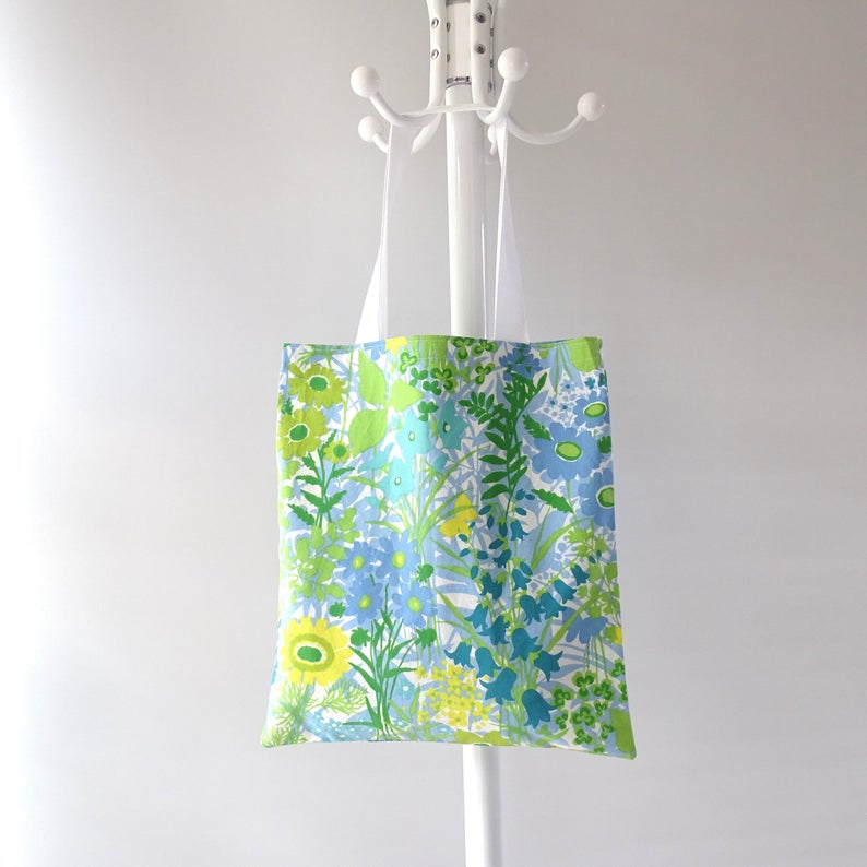 shopping bag carry bag library bag; white yellow teal aqua; flowers floral print; gift for her lady woman girl Blue and Green Tote Bag