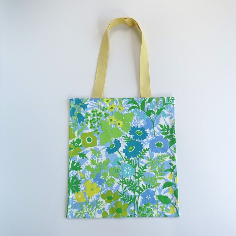 shopping bag carry bag library bag; white yellow teal aqua; flowers floral print; gift for her lady woman girl Blue and Green Tote Bag